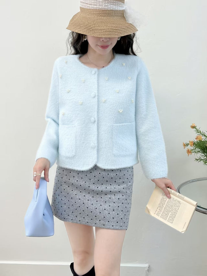 Cardigan confortable pour femmes avec décoration en perles et col rond classique Chic & Stil