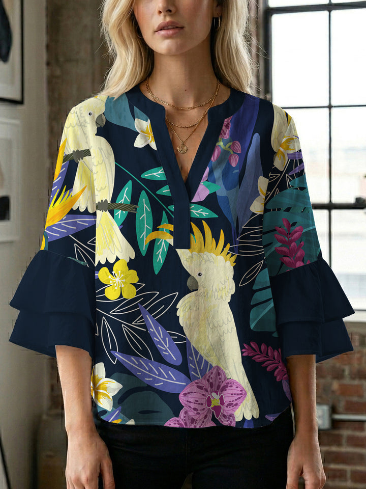 Ladies blouse with voluminous ruffled sleeves and floral print Lune London