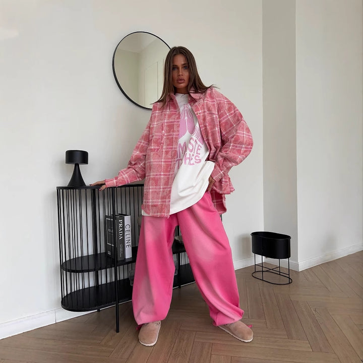 Oversized shirt for women with a casual checkered design and fringes Lune London