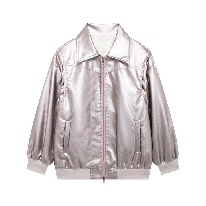Ladies Trendy Synthetic Leather Jacket with Elastic Cuffs and Practical Pockets Lune London