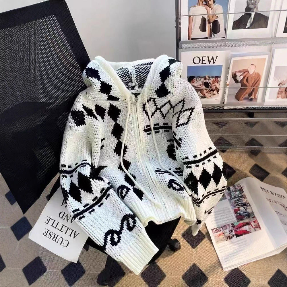 Graphical pattern knit jacket with hood for women Lune London