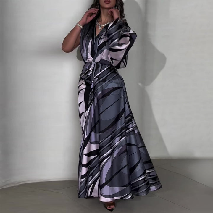 Women's maxi dress with innovative wrap design and flowing hem
