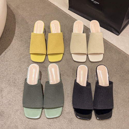 Slide sandals for ladies with an airy ribbing structure and a transparent block heel Lune London