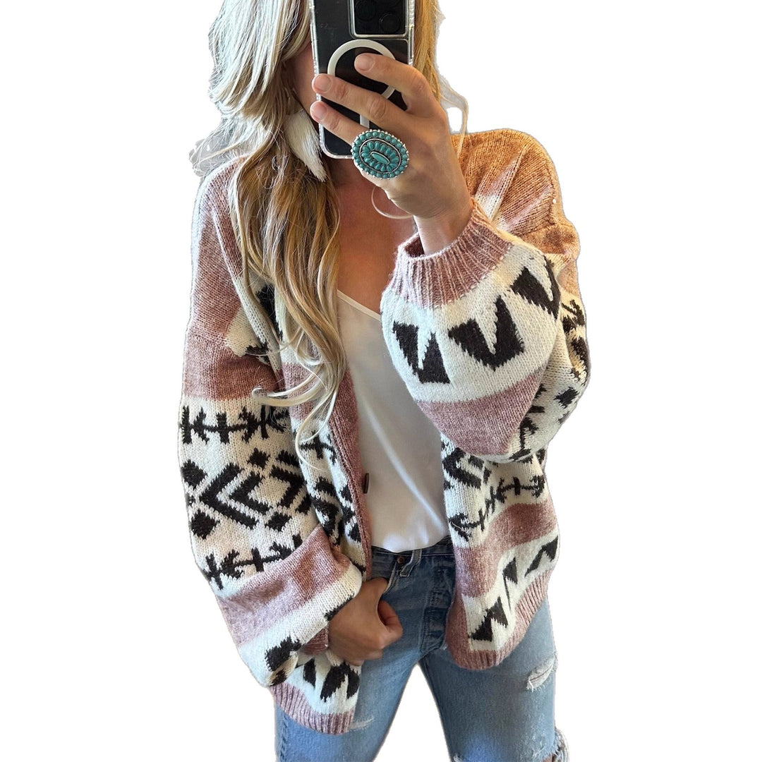 Comfortable knitted jacket for women with decorative ethnic pattern and open cut Lune London