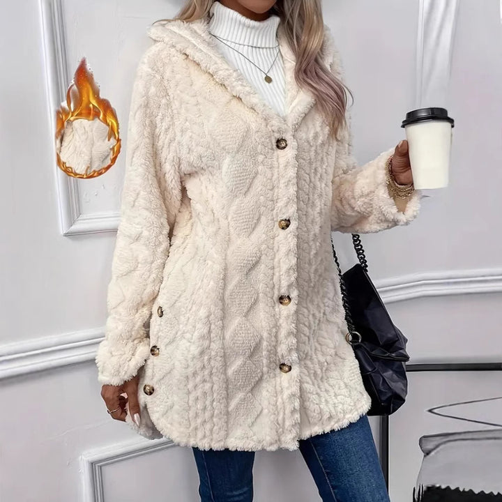 Ladies oversized cozy coat with hood and button placket Lune London