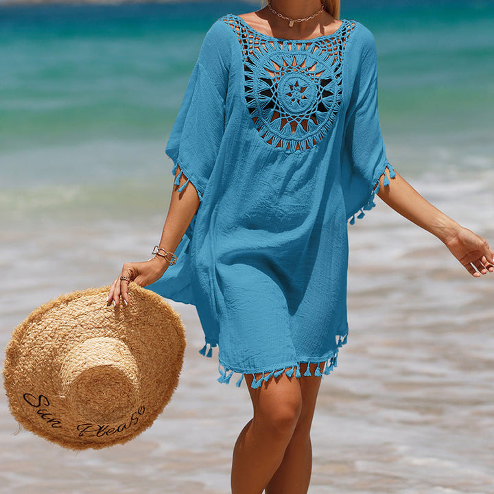 Women's beach tunic with artistic crochet design and fringed hems Lune London