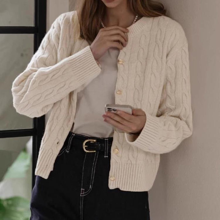 Knitted jacket for women with cable pattern and elegant button details Lune London