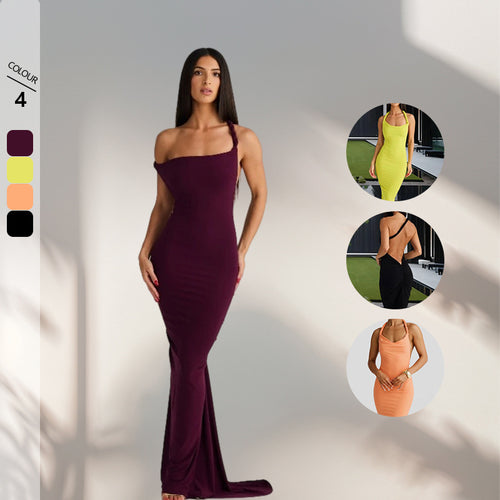 Women figure-hugging evening dress with elegant halter design and swinging hem Lune London