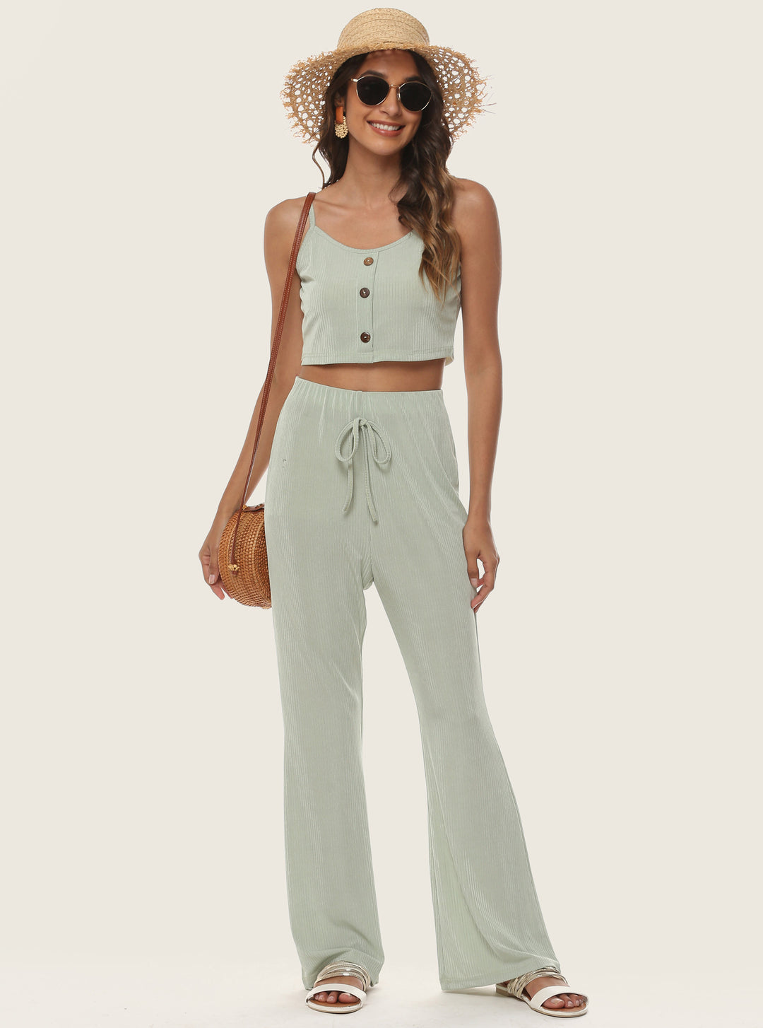 Women Short Ribbed Top and Flared Pants Set Lune London