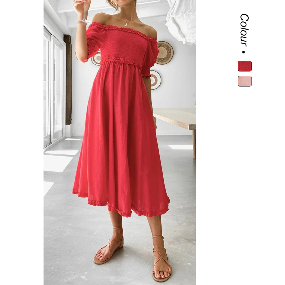 Women's Off-Shoulder Midi Dress with Airy Silhouette and Ruffle Details Lune London