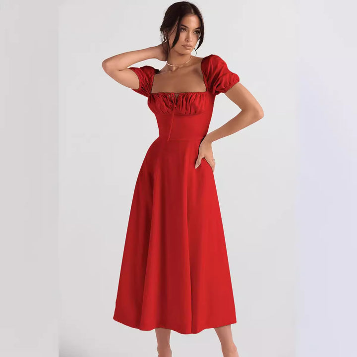 Elegant Midi Dress for Women with Puff Sleeves and Chic Refined Neckline & Style