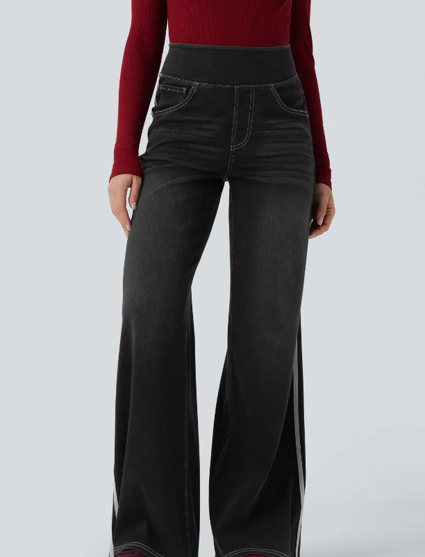 Wide denim pants for women with side stripe and high waist Lune London