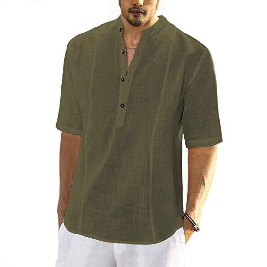 Short Sleeve Linen Shirt for Men with High Collar and Button Placket Chic und Stil