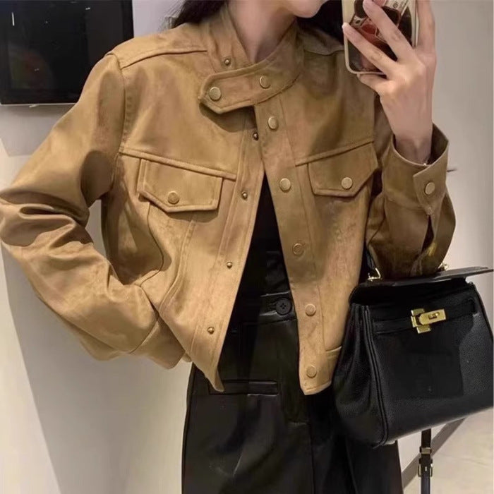 Cropped faux leather women's jacket with high collar and practical pockets Lune London