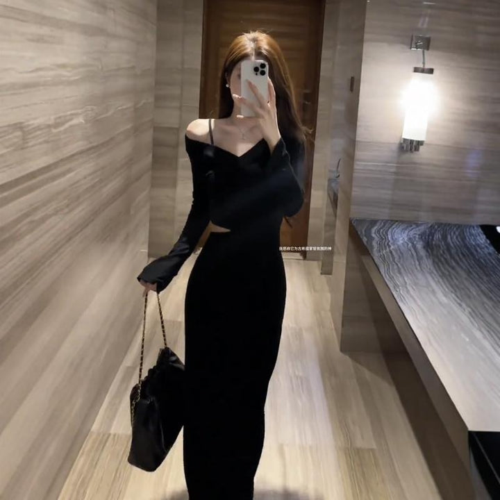 Women's elegant dress with asymmetric neckline and cut-out detail