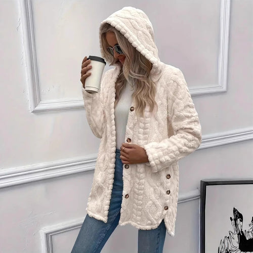 Fuzzy jacket for ladies with hood and button closure Lune London