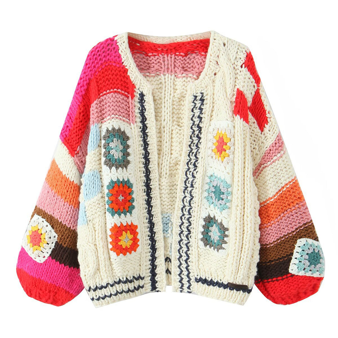 Trendy knitted jacket for women with colorful crochet patterns Lune London