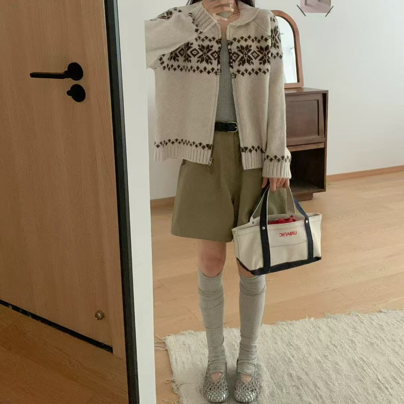 Ladies' cardigan with a modern Norwegian pattern and a high collar Lune London