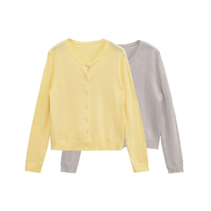 Fine knit jacket for women with continuous button placket and soft round collar Lune London