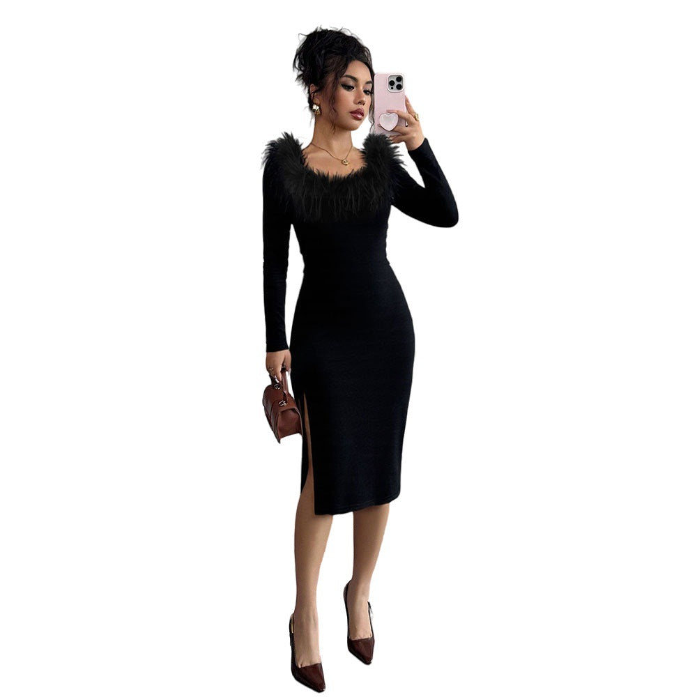 Robe midi pour femme avec décoration en plumes élégante et fente sur le côté Chic & Stil