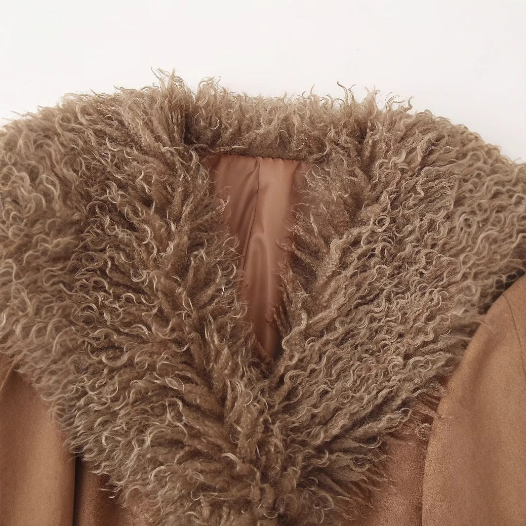 Ladies Elegant Teddy Jacket with waist belt and voluminous collar Lune London
