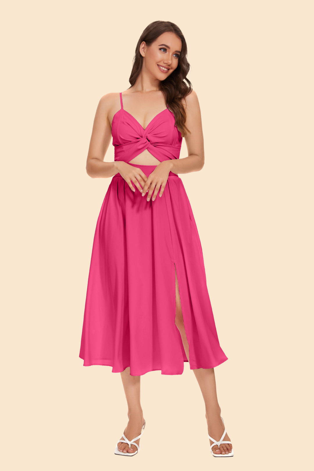 Women's two-piece ensemble with elegant knot-free blouse and flowing skirt with slit Lune London