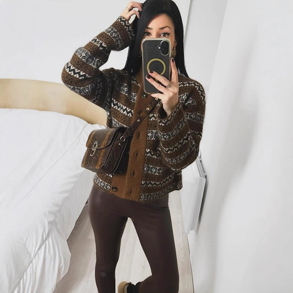 Ladies Jacquard cardigan with button placket and trendy pattern Lune London