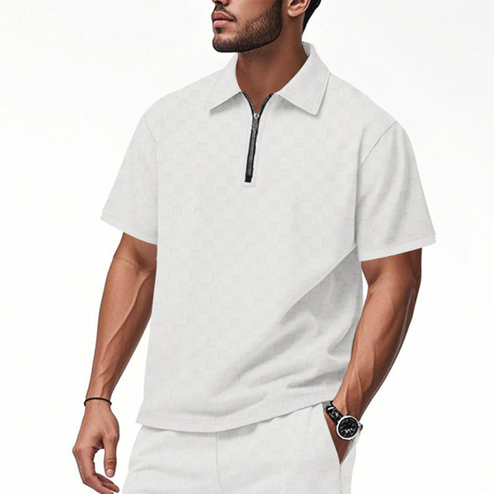 Modern short-sleeved polo for men with zipper and check pattern Lune London
