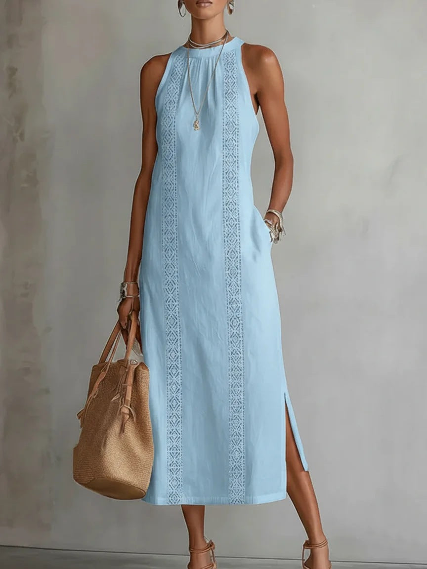Women Elegant Summer Maxi Dress with Lace Appliqué and Side Slit Lune London