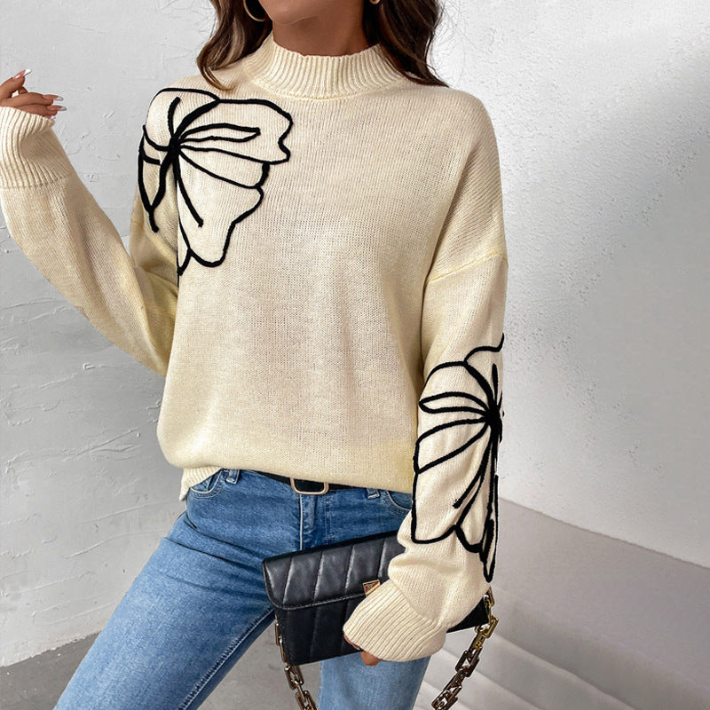 Soft knit sweater for women with floral pattern and high collar Lune London