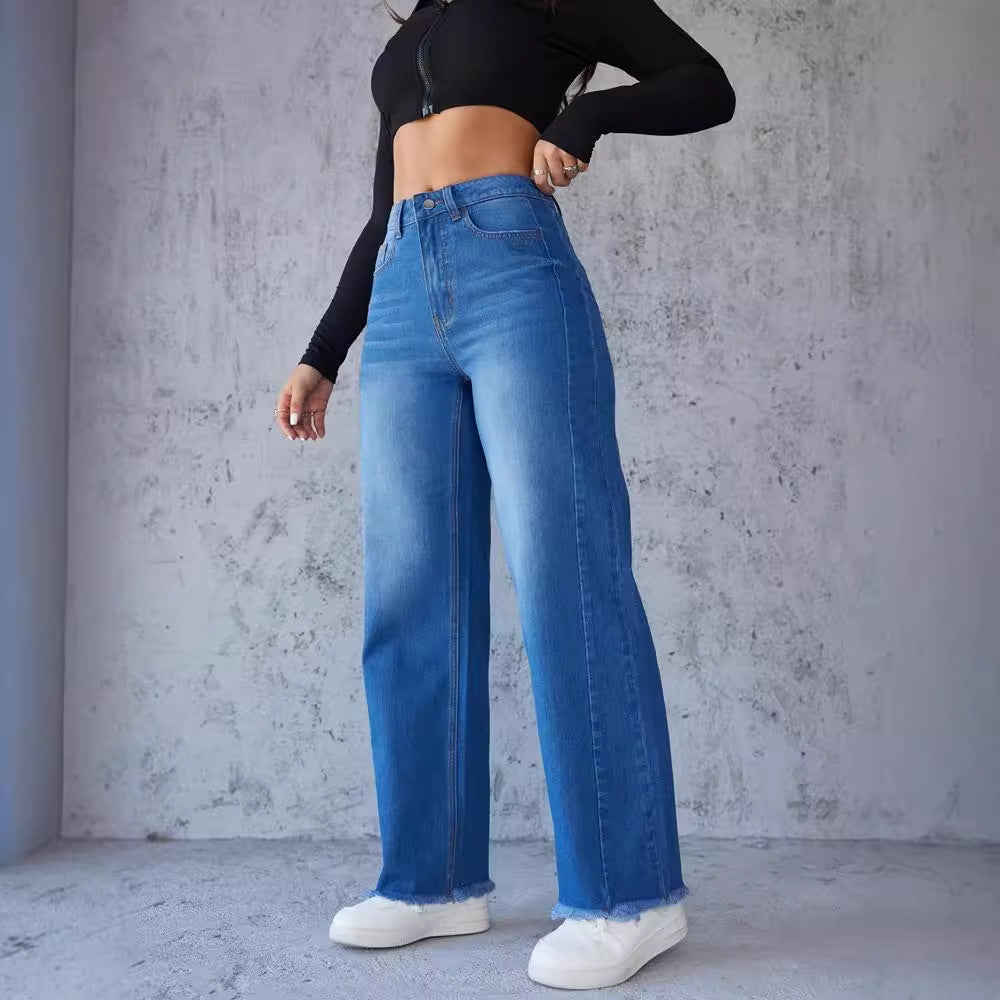 High waisted wide leg jeans for women with frayed hem Lune London