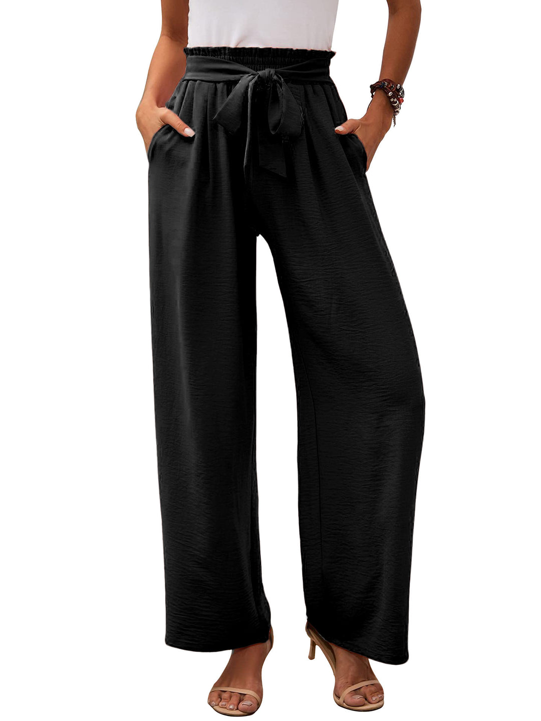 Wide palazzo pants for women with elastic waist and tie belt Lune London
