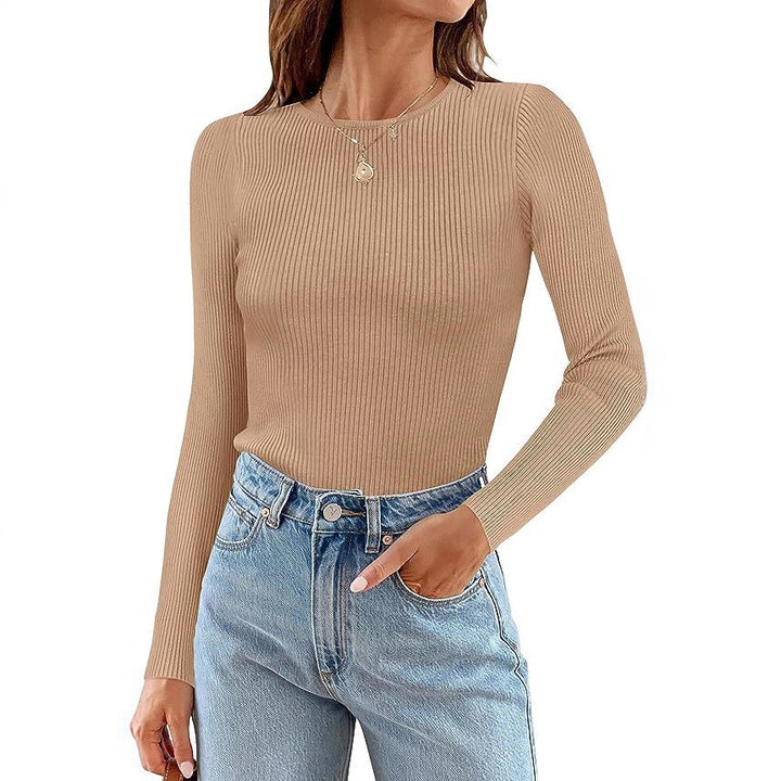 Woman Long Sleeve Ribbed Top with Classic Round Neck and Fitted Cut Lune London