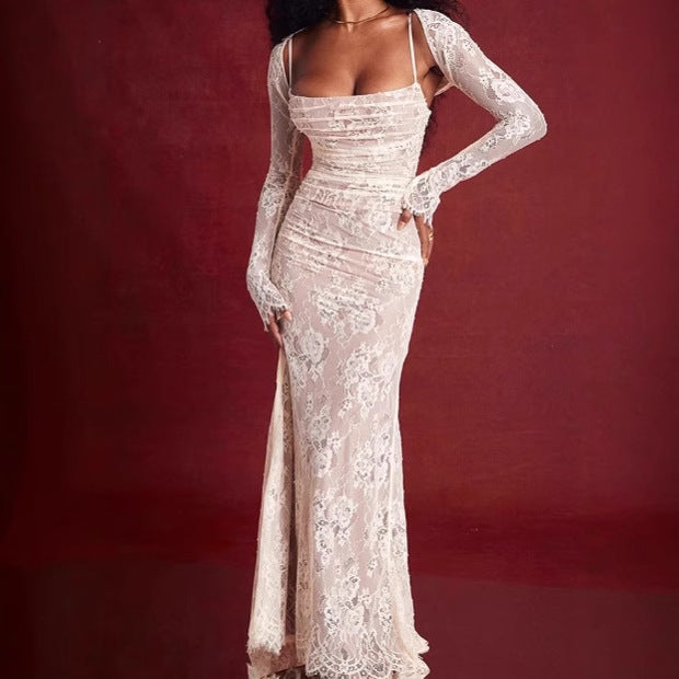 Elegant lace evening dress for women with deep V-neck and sheer sleeves Lune London