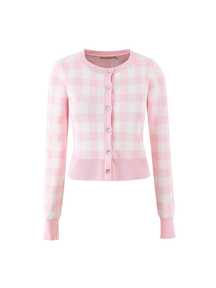 Ladies checked fashion cardigan with round collar and button closure Lune London