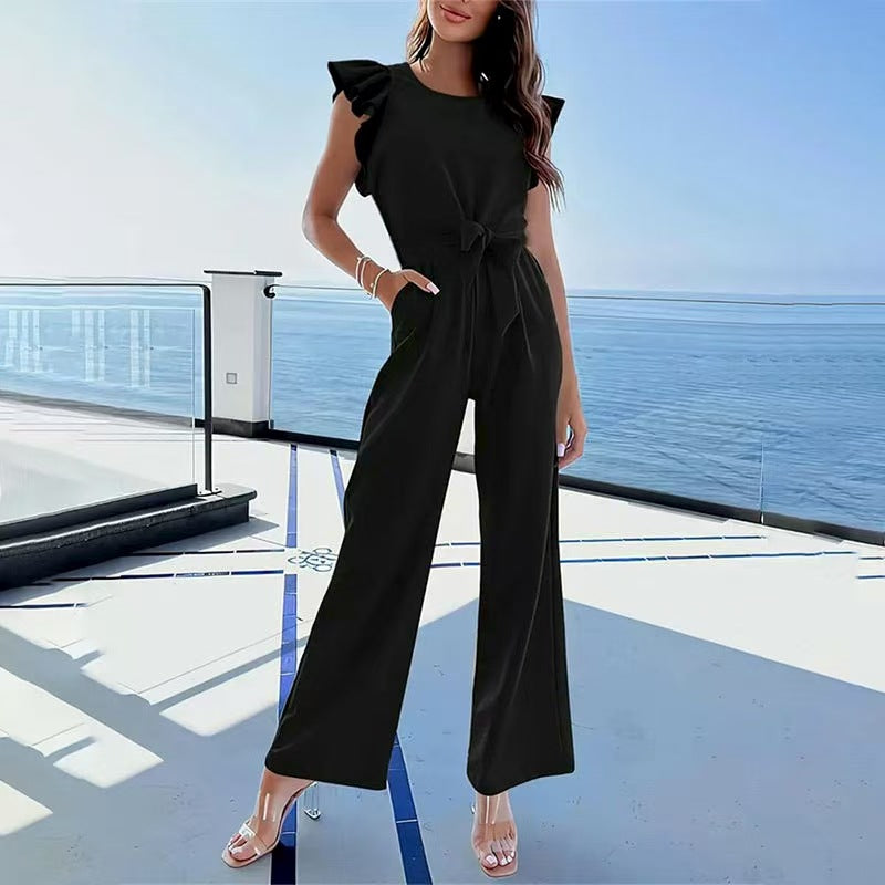 Women's jumpsuit with a belted waist and elegant ruffle details Lune London