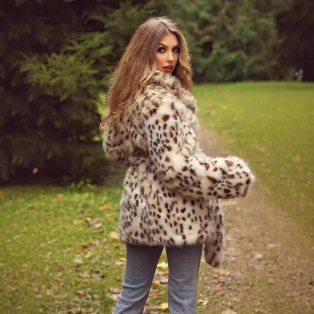 Elegant faux fur coat for women with belt and leopard print Lune London