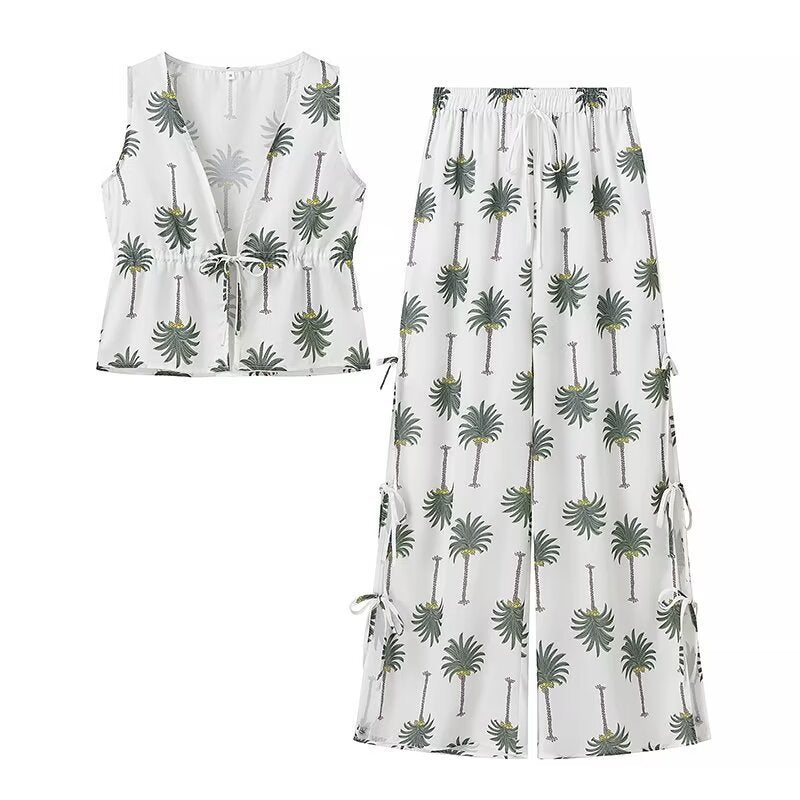 Lune London Women's Palazzo Pants with Palm Floral Print and Lace-Up Details on the Sides