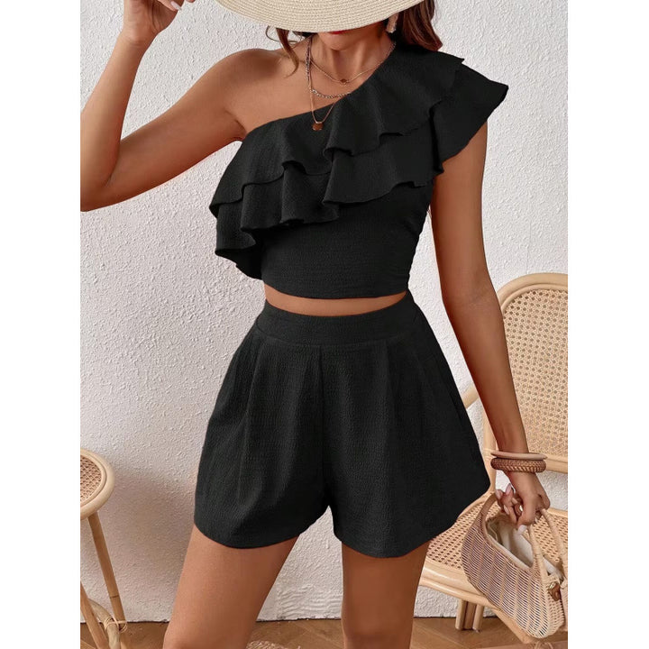 Woman One-Shoulder Ruffle Crop Top and High-Waisted Shorts Lune London