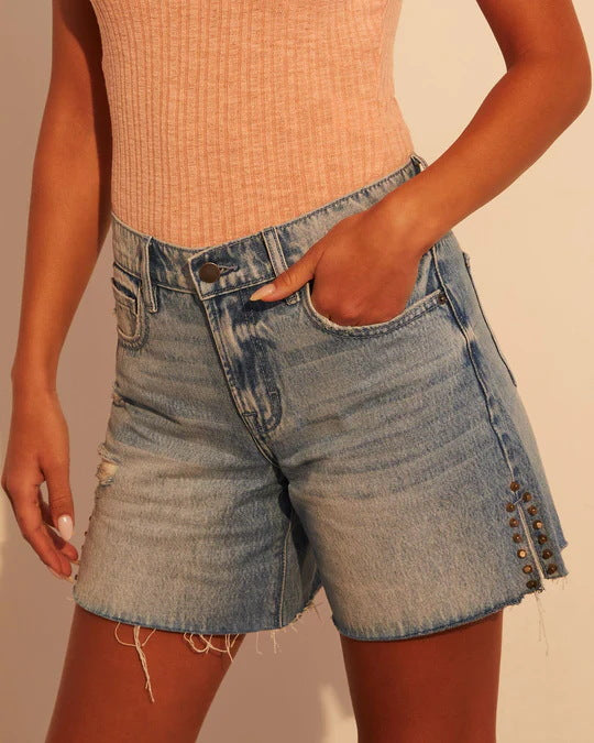 Women's Fashion Destroyed Denim Shorts with Studded Decoration Lune London