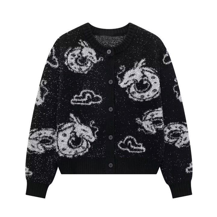 Knit jacket for women with a unique dragon pattern and button closure Lune London