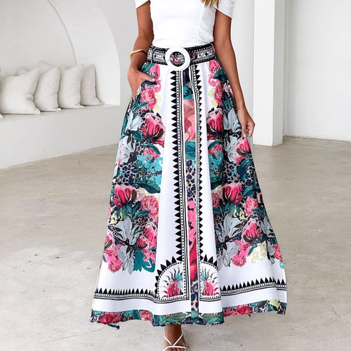 Maxi skirt with floral patterns and belt for women, intense color Chic & Stil