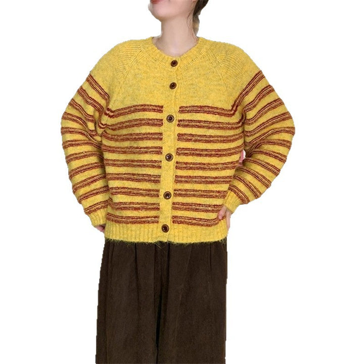 Ladies Chunky Knit Jacket with Modern Stripes and Chic Button Details and Style