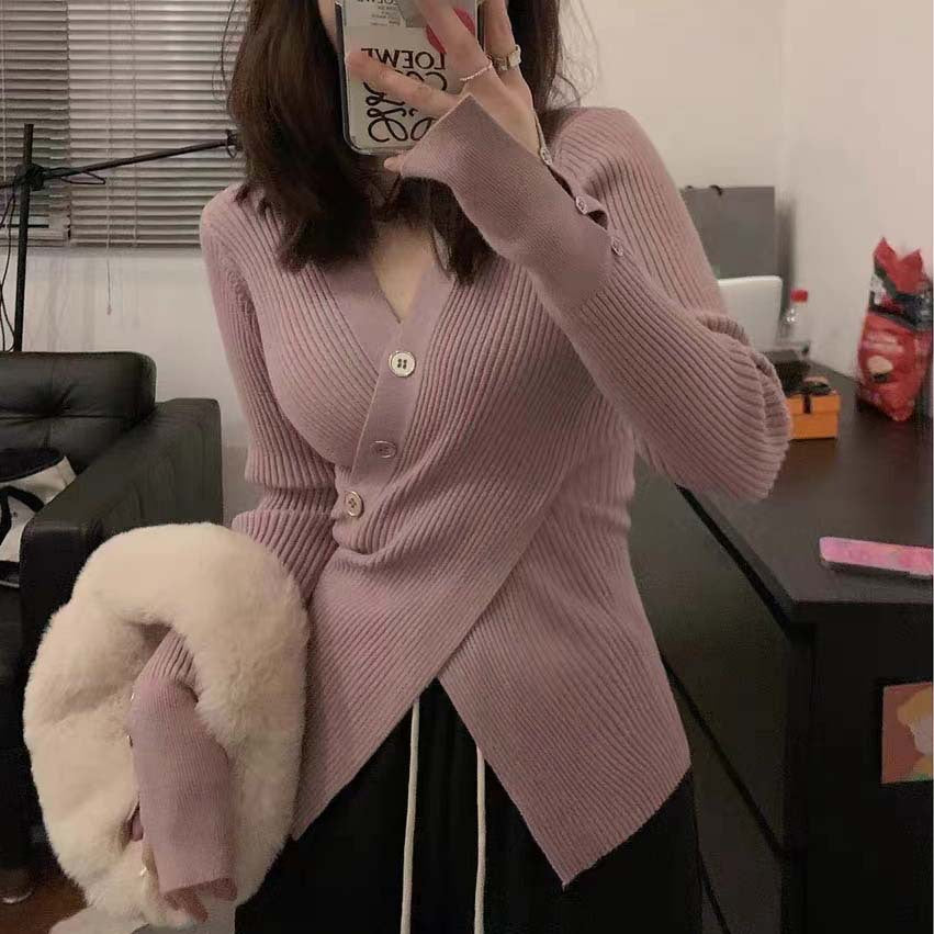 Women's knitted jacket with asymmetrical cut and decorative buttons Lune London