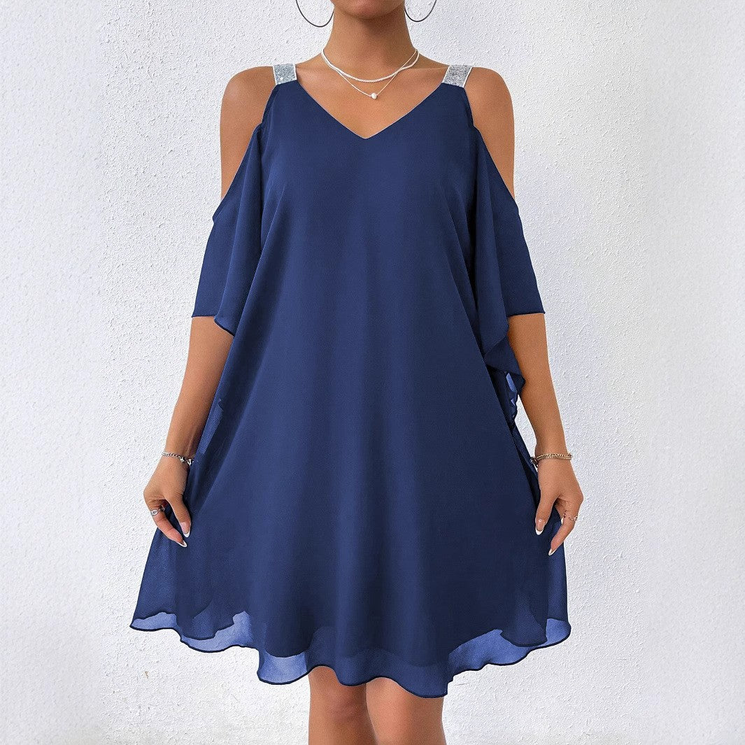 Asymmetrical V-neck dress with off-the-shoulder Lune London