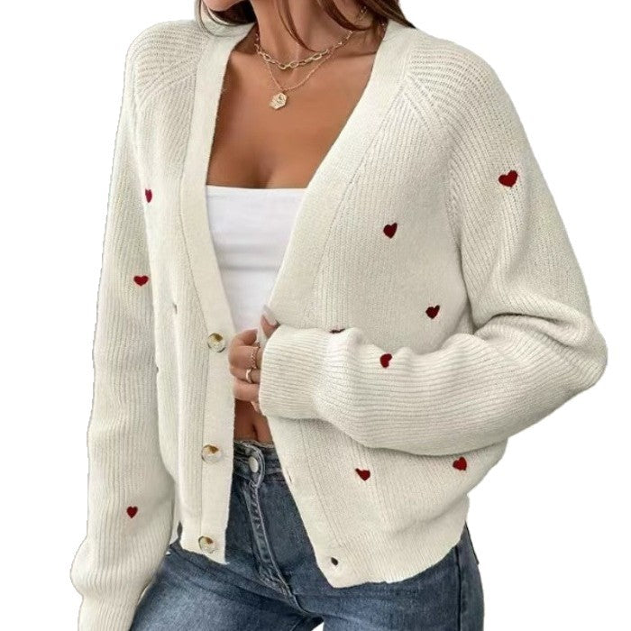 Ladies casual cardigan with heart-shaped appliqués and deep V-neck Lune London