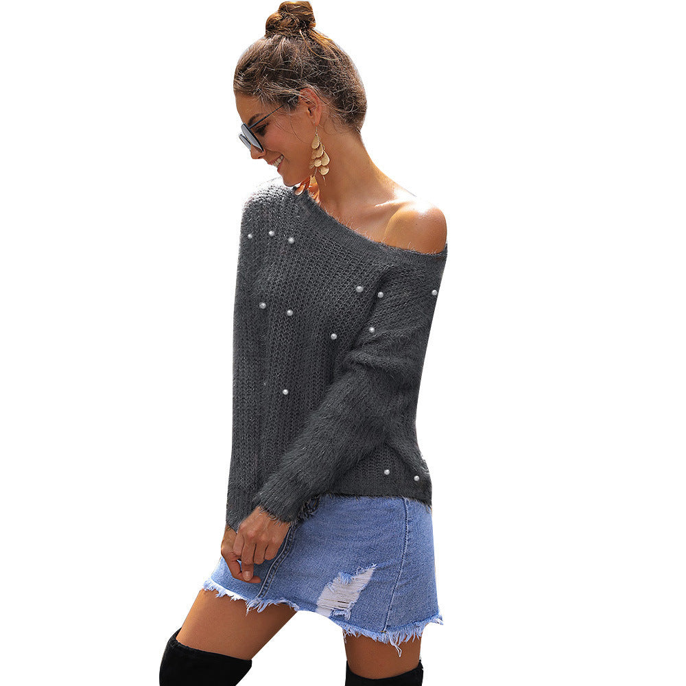 Ladies elegant and casual sweater with off-shoulder design and pearl embellishment Lune London
