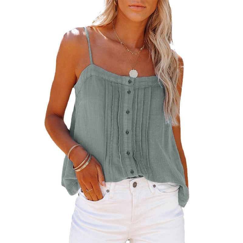 Women's lightweight spaghetti strap tank top with tartan design and button details Lune London