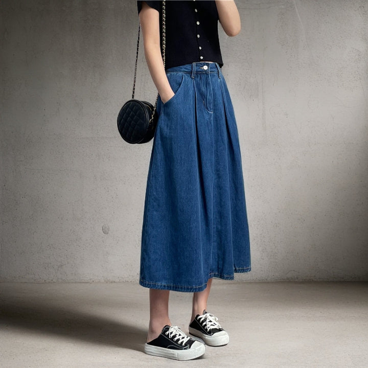 Woman Long Jean Skirt with Pleats and Side Pockets Lune London