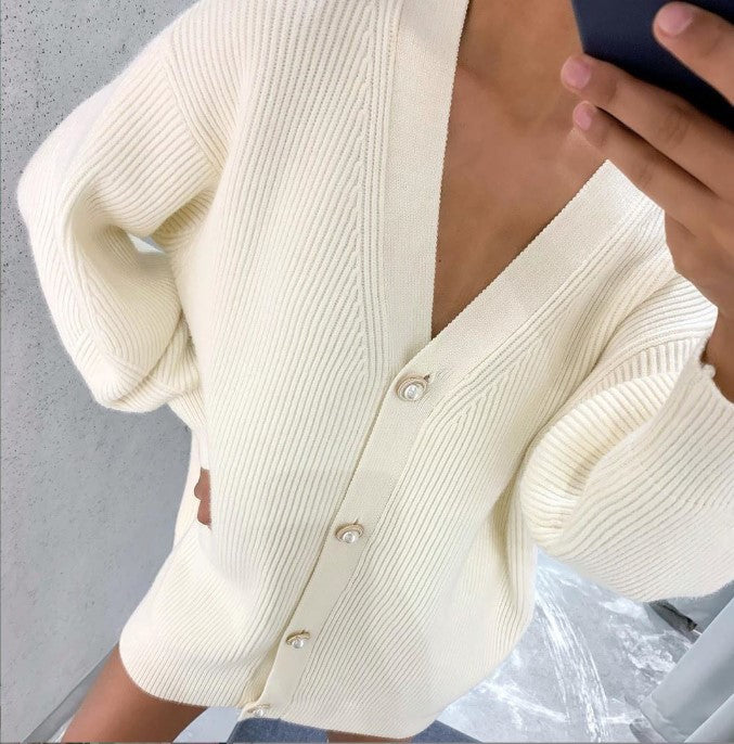 Women oversized cardigan with deep V-neck and elegant buttons Lune London